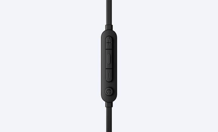 Close-up of buttons on WI-1000XM2 wireless neckband headphones