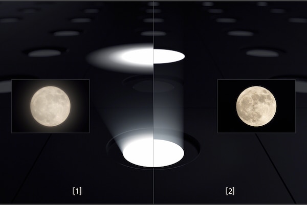 Split screen image of moon and light source comparing detail on a conventional Mini LED TV on the left with detail on a BRAVIA XR Mini LED TV on the right showing less diffusion and flare