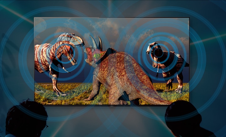 Image of dinosaurs showing how Acoustic Surface  Technology plays sound  from the right place in the scene