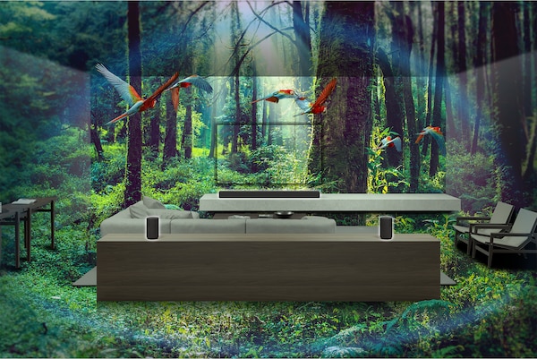 Composite image of a living room with sofa and surround sound system within a lush jungle setting.