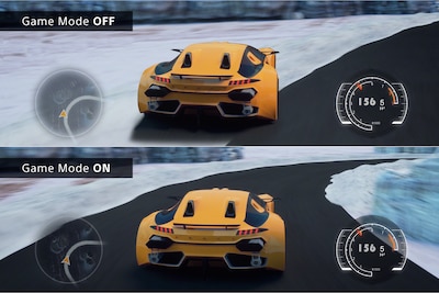 Split image showing two Driving game scenes, one showing a car coming off the track with Game Mode OFF and the other with a car on the track with Game Mode ON