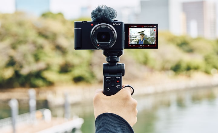 Product image of ZV-1 II while recording, with a red frame on the screen and recording lamp glown red