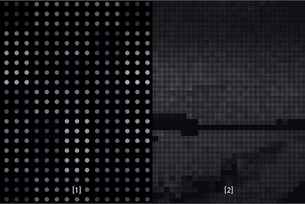 Split screen image comparing LED dot pattern on a conventional Full Array LED TV on the left with an almost invisible LED dot pattern on a Mini LED TV on the right showing the benefit of the smaller and denser LEDs