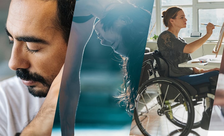 Image of a person listening with closed eyes, another person stretching and a third in a wheelchair painting