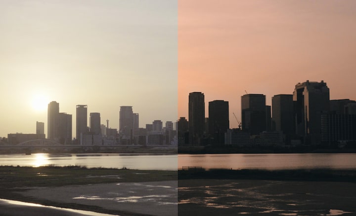 Images of cityscape showing the before and after colour grading