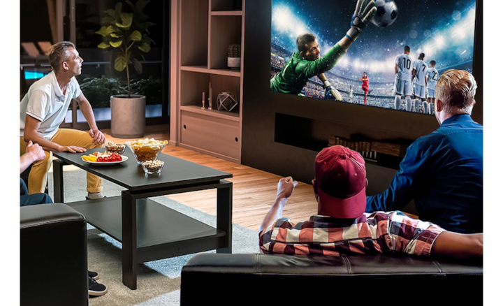 Group of 4 men watching football on a Sony TV from a range of angles