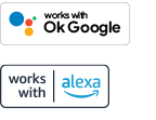 Logos for works with OK Google and works with Alexa