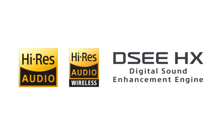 Logos for Hi-Res Audio, Hi-Res Audio Wireless, and DSEE HX™