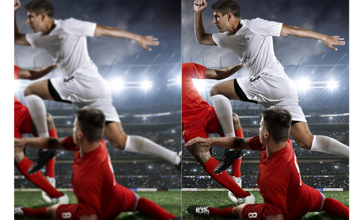 Two images comparing picture quality of player jumping over another player's tackle